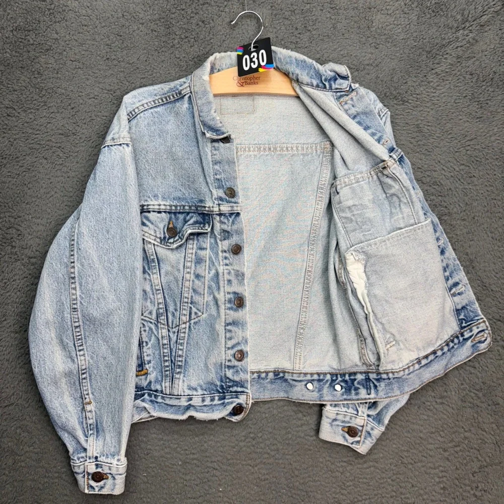 Levi's Trucker Jacket YTH L Light Blue Denim Vintage 90s Made in USA Distressed
